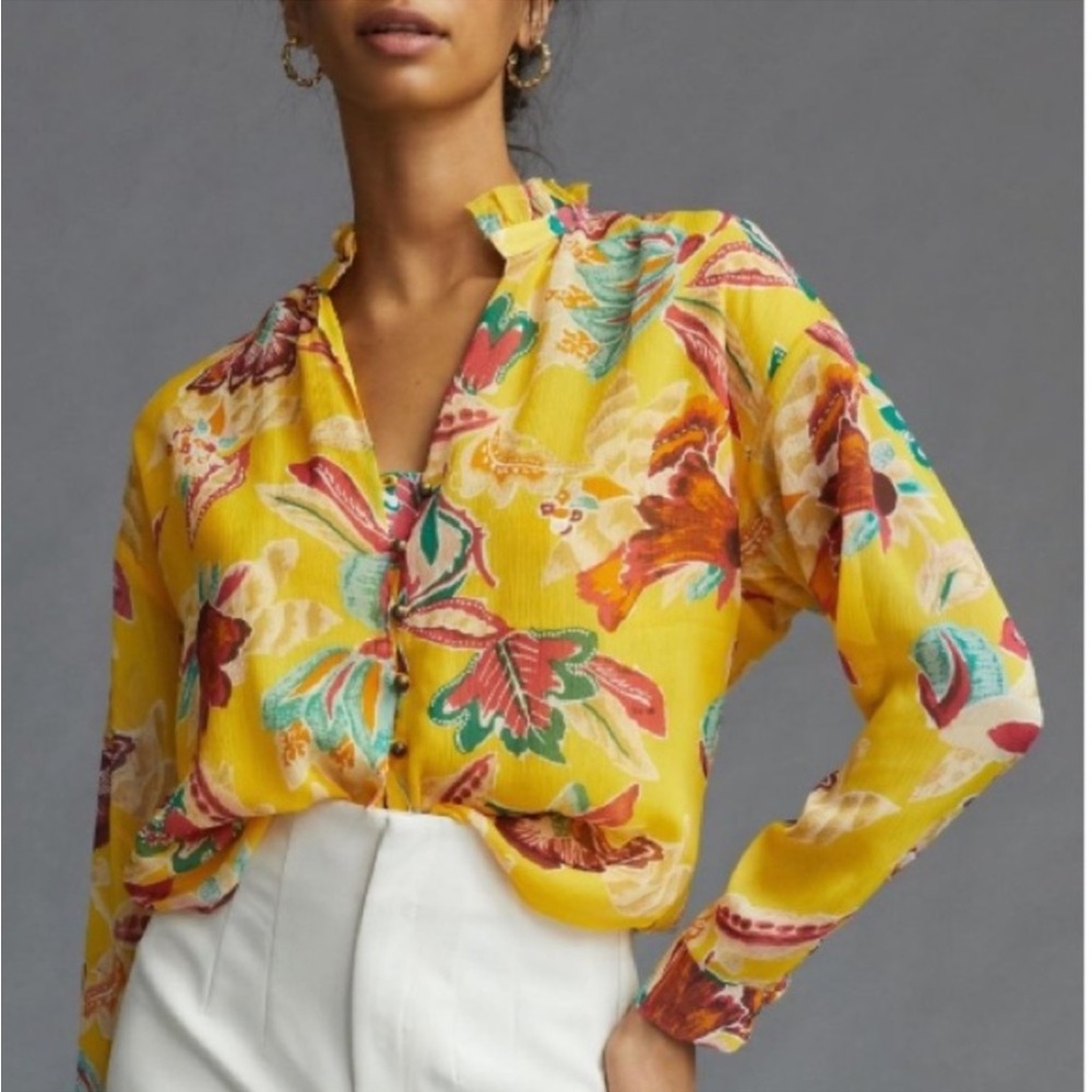 Anthropologie Yellow Floral Button-Up Blouse - Picture 2 of 15